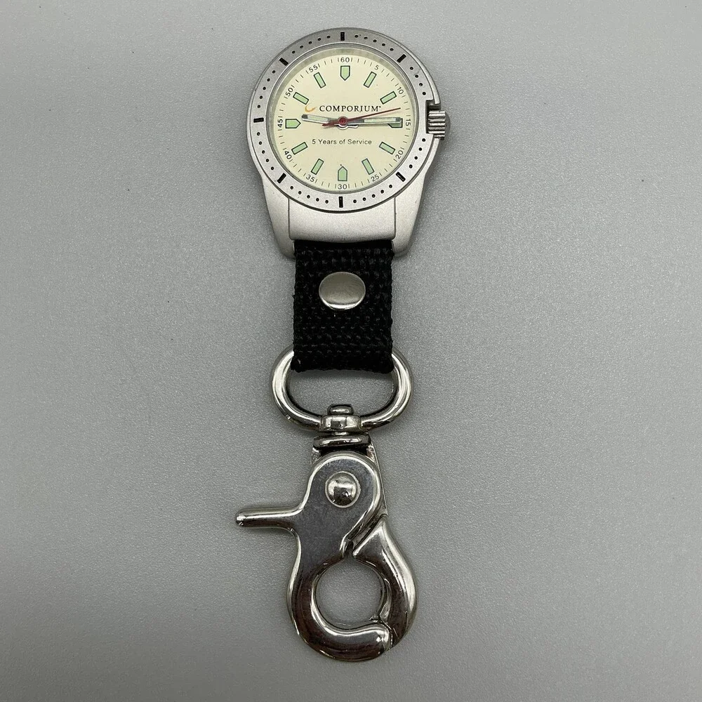 Comporium Key Ring Watch Mens 37mm Silver Tone Luminous Indexes New Battery